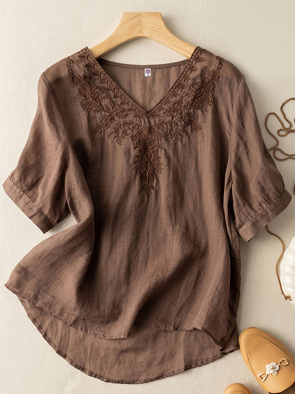Women's V-Neck Blouse - Embroidered Detail - Short Sleeve - Lightweight & Flowy
