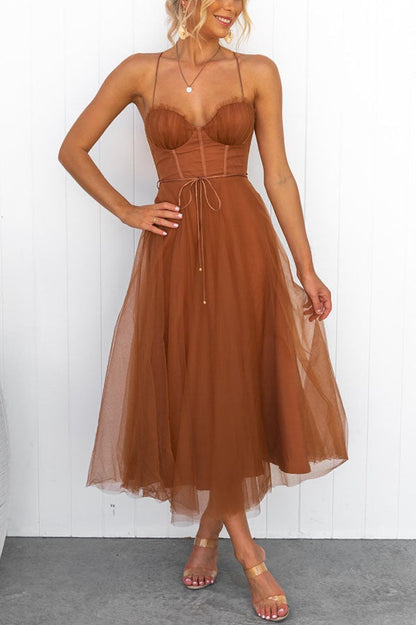 Women's Tulle Maxi Dress - Spaghetti Straps - Fitted Bodice - Layered Flowing Skirt
