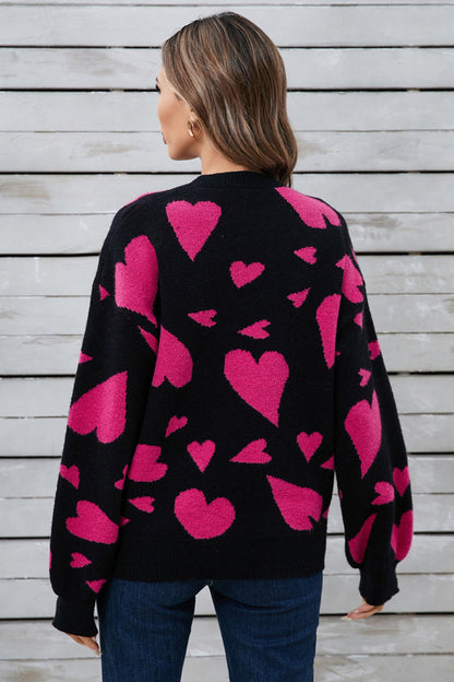 Women's cute heart contrast round neck sweater
