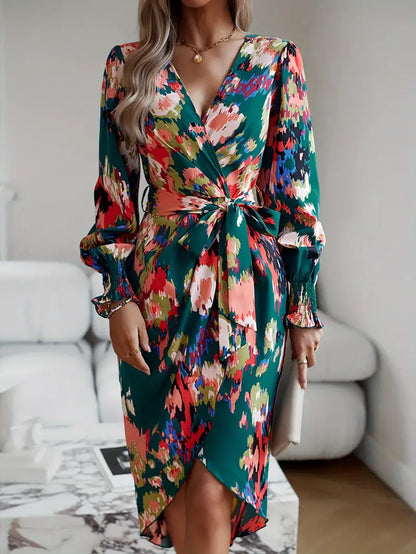 Women's Wrap Dress - V-Neck - Long Sleeve - Adjustable Tie Waist - Asymmetrical Hem