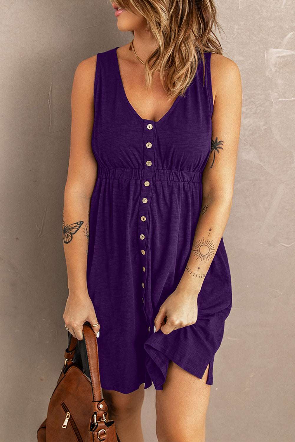 Women's Sleeveless Button-Up Mini Dress - V-Neck - Elastic Waist - Casual Fit