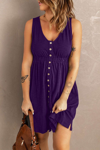 Women's Sleeveless Button-Up Mini Dress - V-Neck - Elastic Waist - Casual Fit