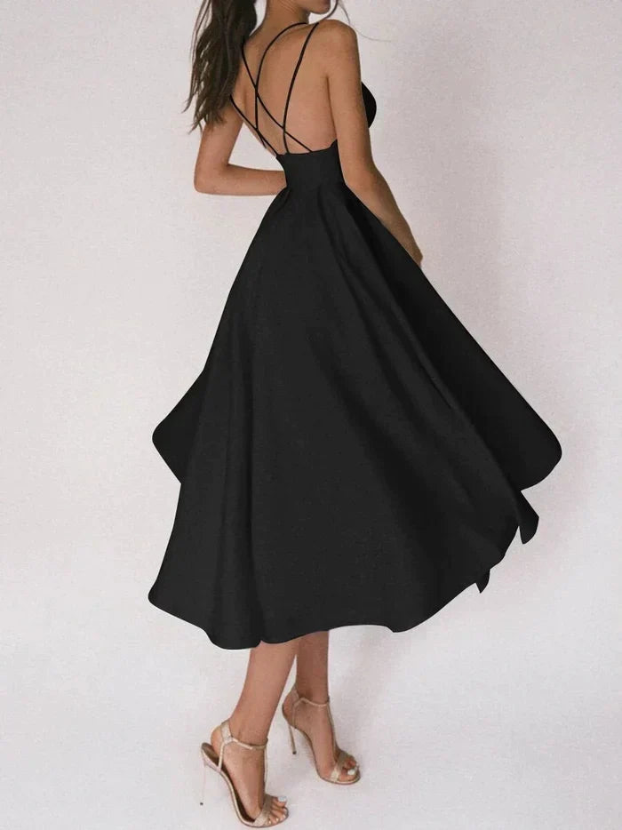 Women's Halter Neck Dress - Crisscross Back - Fitted Waist - Flowing Midi Skirt