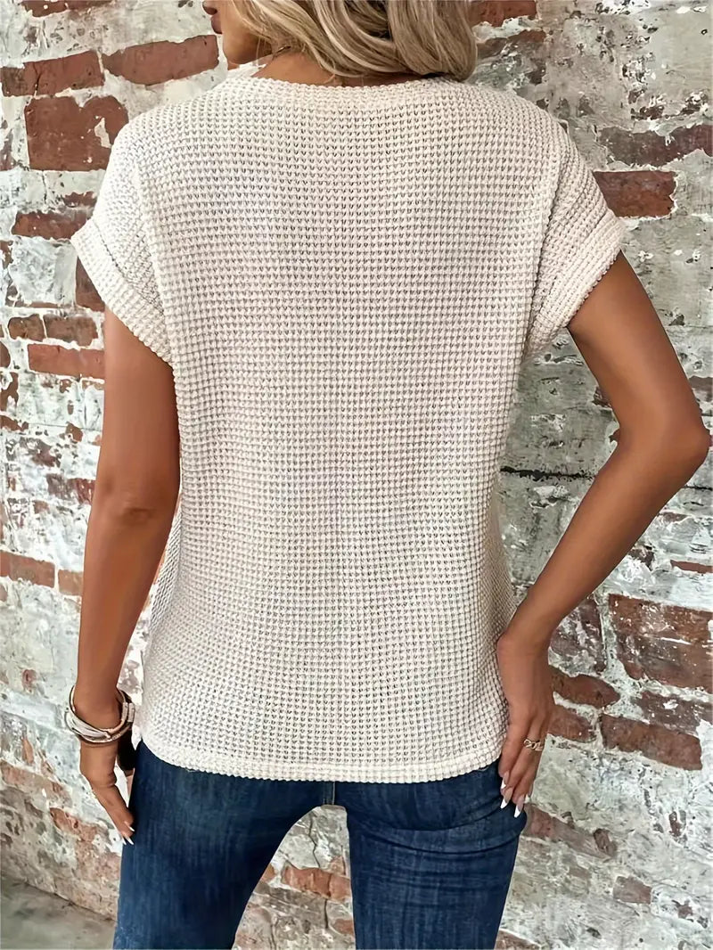 Women's Casual Top - Waffle Knit - Short Sleeve Rolled Cuff - Round Neck Relaxed Fit