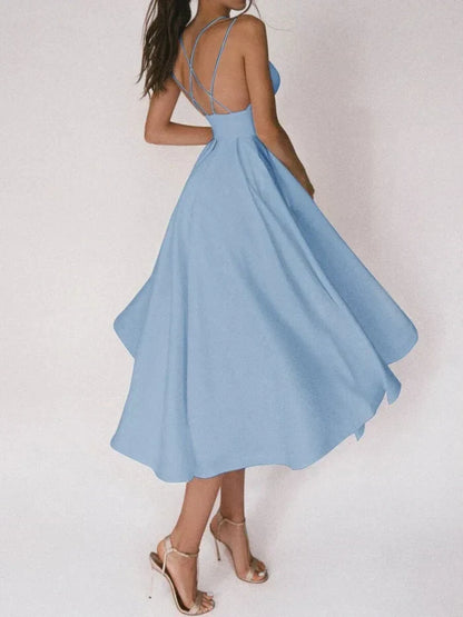 Women's Halter Neck Dress - Crisscross Back - Fitted Waist - Flowing Midi Skirt