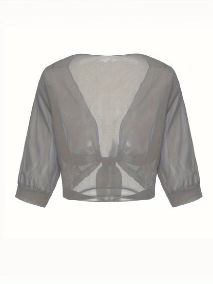 Women's Bolero Jacket - Open Front Tie Closure - Three-Quarter Sleeve Layering Piece