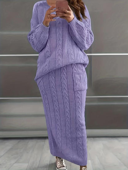 Women’s Knit Sweater and Skirt Set – Cable Pattern – Relaxed Fit – Long Sleeve – Ankle Length
