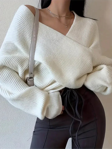 Women's loose cross one-shoulder knit sweater