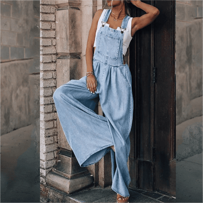 Women's Denim Overalls - Wide Leg - Adjustable Straps - Relaxed Fit Casual Wear