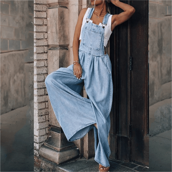 Women's Denim Overalls - Wide Leg - Adjustable Straps - Relaxed Fit Casual Wear