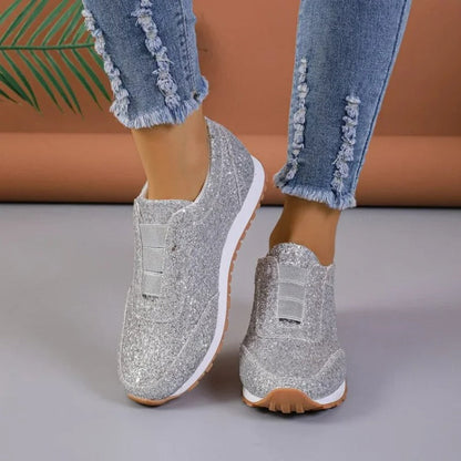 Women's Slip-On Sneakers - Glitter Finish - Round Toe - Casual Comfort Rubber Sole
