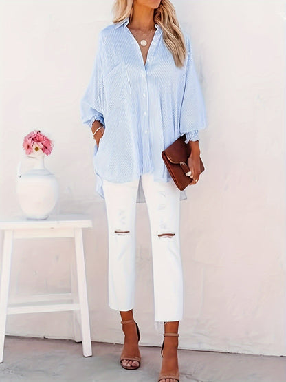 Women's Button-Down Shirt - Oversized Fit - Pinstripe Long Sleeve - Classic Collar