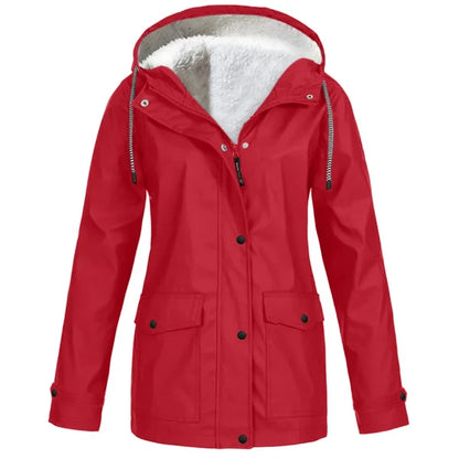 Women's Hooded Raincoat - Waterproof - Faux Fur Lined - Adjustable Cuffs - Zip Closure