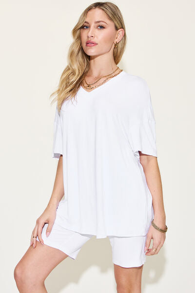 Women's v-neck drop shoulder short sleeve t-shirt and shorts set