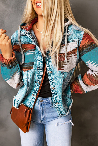 Elegant denim patchwork jacket with button-down design for women