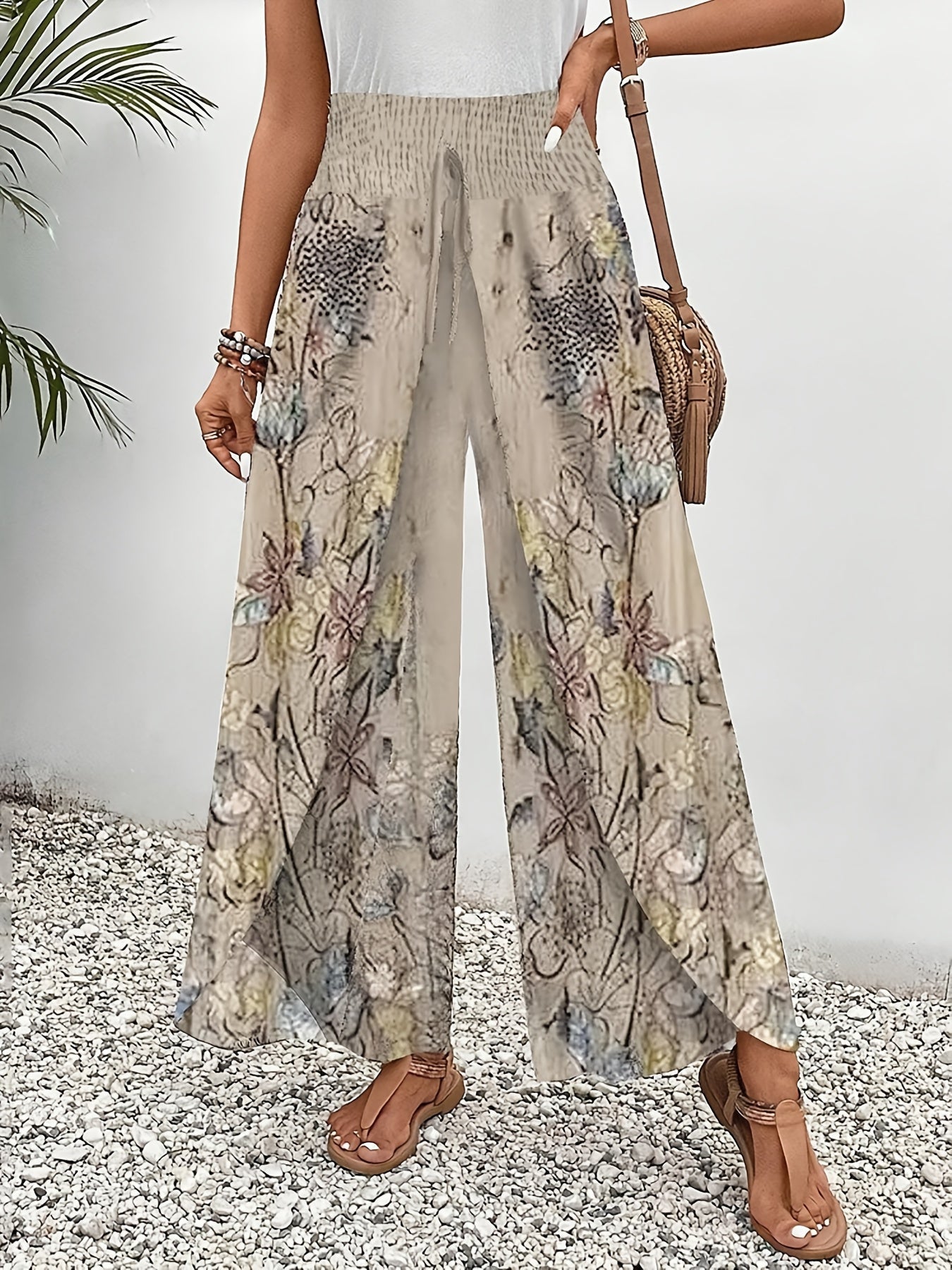 High-waist floral wide-leg casual pants for women