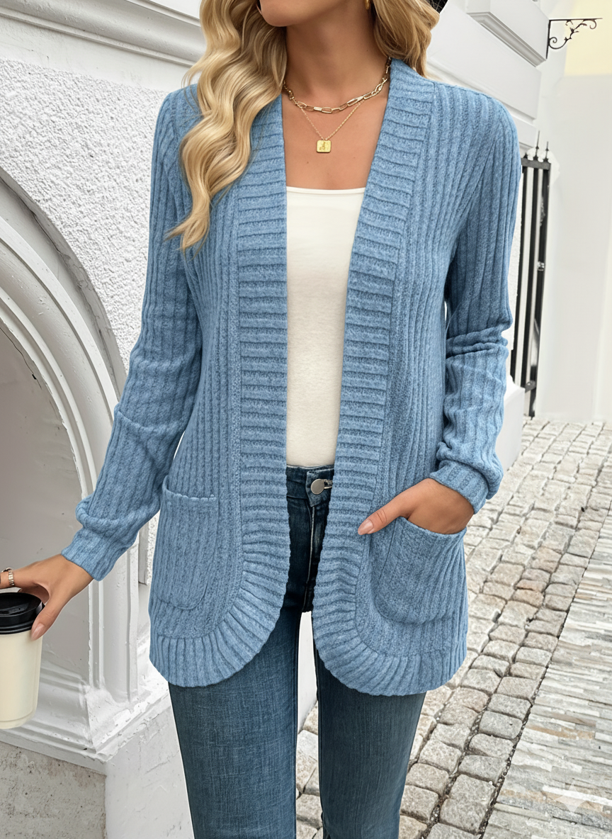Ribbed Knit Open-Front Long Sleeve Cardigan