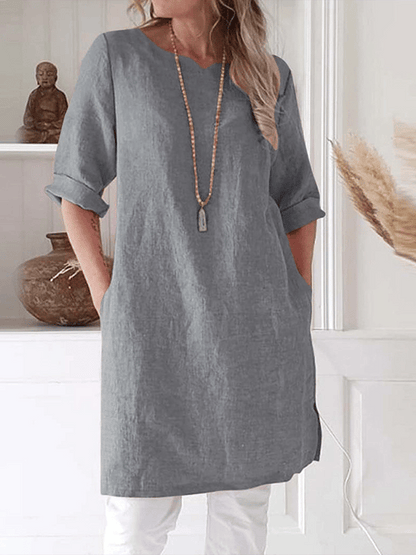 Women's Tunic Dress - Lightweight Linen Blend - Loose Fit with Pockets - 3/4 Sleeve