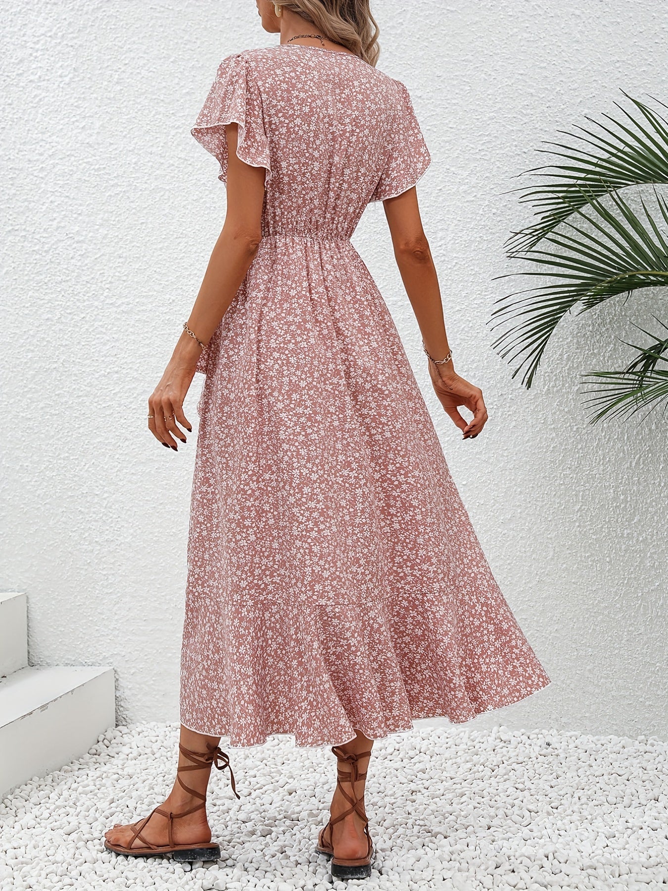 Women's Wrap Dress - Floral Print - V-Neck - Short Ruffle Sleeves - Midi Length