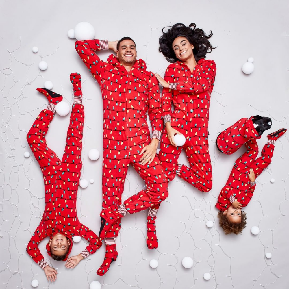 Family holiday pajama set with colorful string lights design