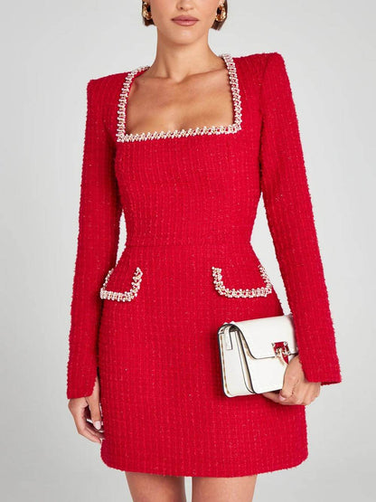 Women's Mini Dress - Square Neckline - Long Sleeve - Embellished Trim & Pockets