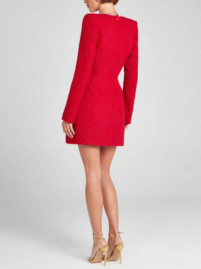 Women's Mini Dress - Square Neckline - Long Sleeve - Embellished Trim & Pockets