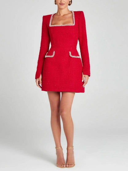 Women's Mini Dress - Square Neckline - Long Sleeve - Embellished Trim & Pockets