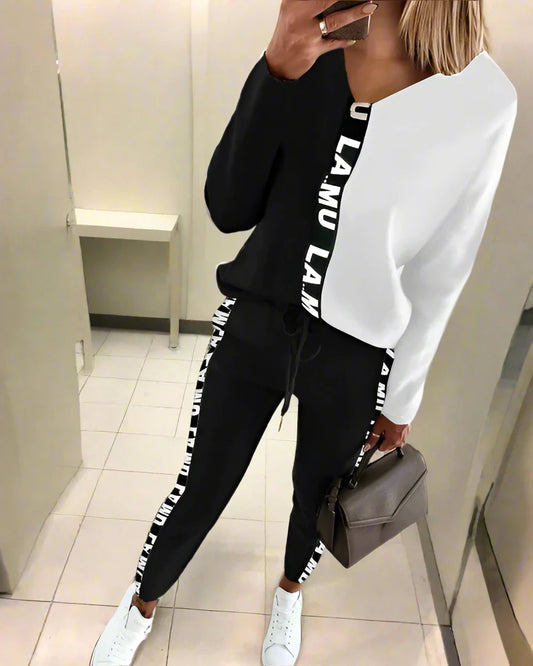 Letter Print Casual V-Neck Sweater and Pants Set