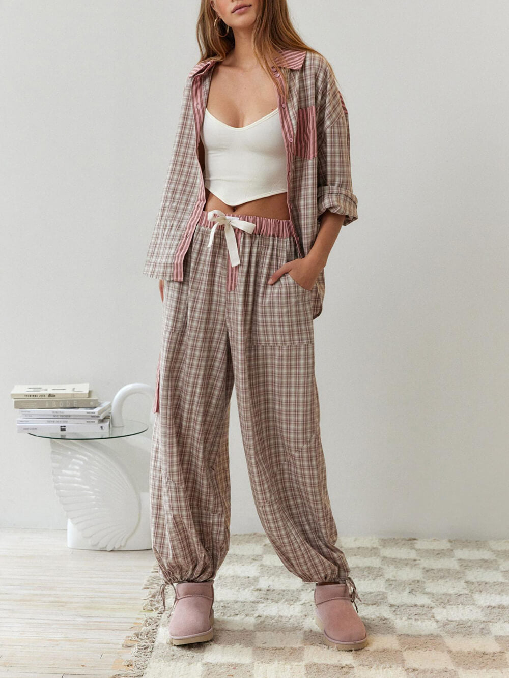 Women’s plaid button-down lounge set