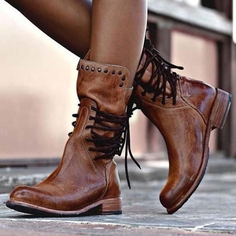 Vintage lace-up leather boots for women