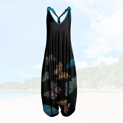 Women’s Jumpsuit – Relaxed Fit – Sleeveless – Low V-Neck – Breathable Blend – Full Length