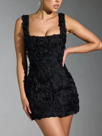 Women’s Mini Dress – 3D Floral Texture – Corset Bodice – Lace-Up Back – Adjustable Straps