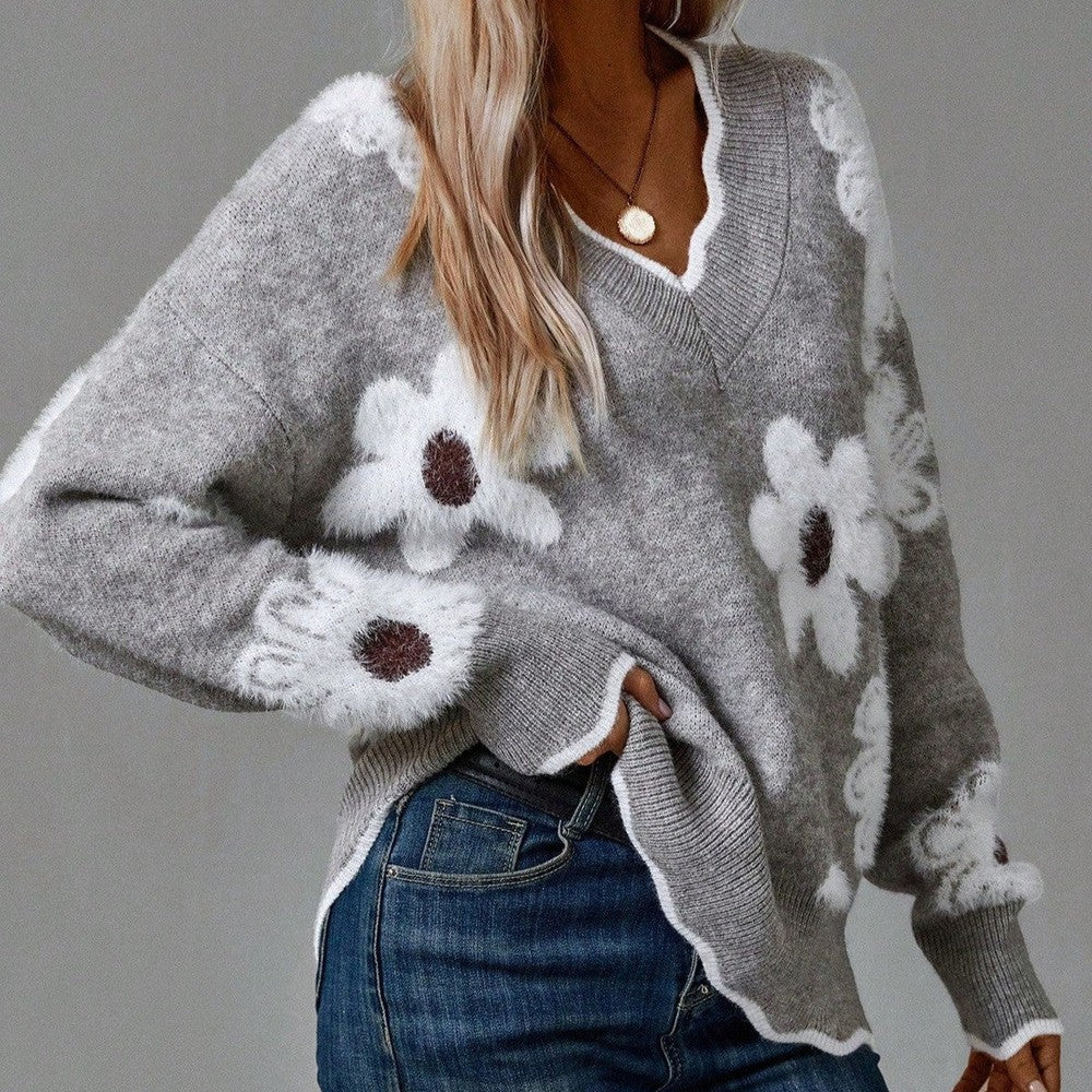 Elegant women's pullover knitted sweater with floral pattern