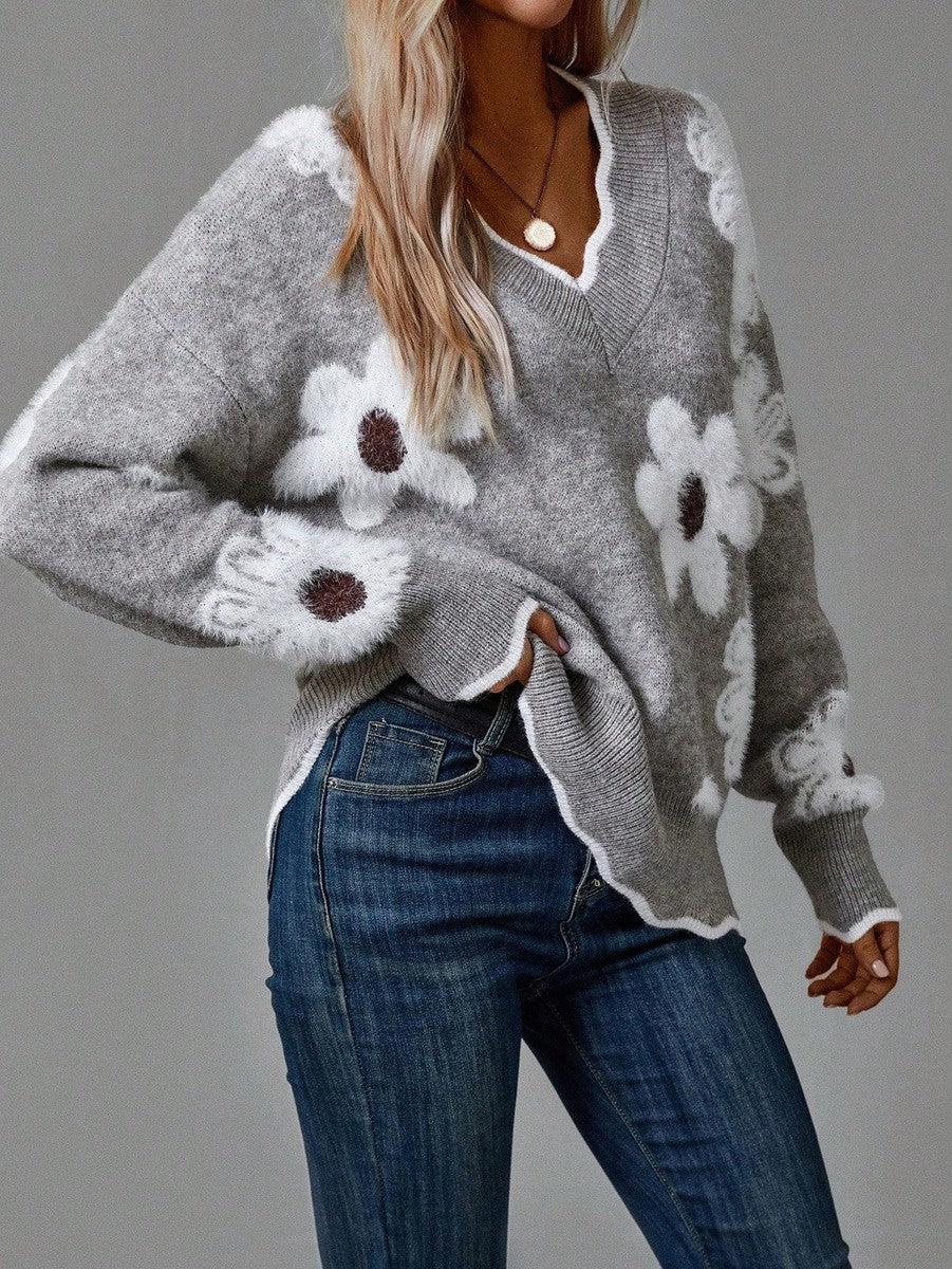 Women's wavy hem v-neck sweater