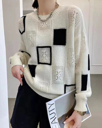 Women's retro plaid round neck sweater