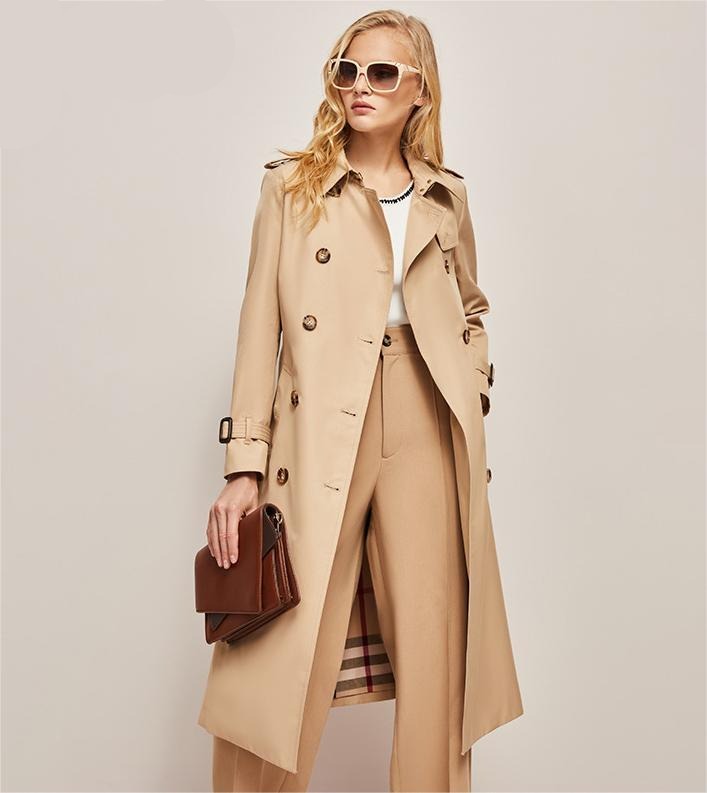 Women's waist-cinched windbreaker trench coat