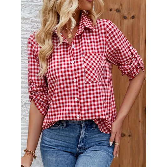 Women’s Casual Shirt - Relaxed Fit - Gingham Check - Breathable Natural Fibers