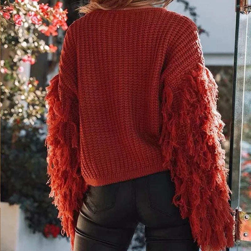 Women’s Sweatshirt – Chunky Knit – Ribbed Texture – Fringe Sleeve – Relaxed Fit