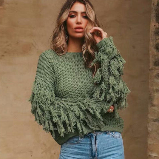 Chunky Knit Fringe Sleeve Relaxed Sweatshirt 