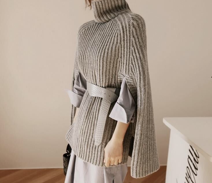 Women’s Cape Sweatshirt – Oversized Fit – Ribbed Knit – Turtleneck – Side Slits