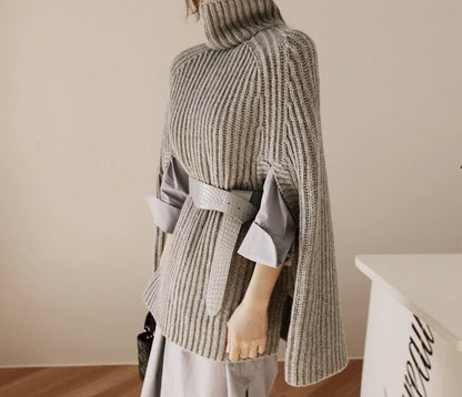 Women’s Cape Sweatshirt – Oversized Fit – Ribbed Knit – Turtleneck – Side Slits
