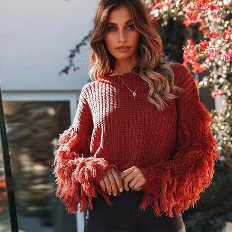 Chunky Knit Fringe Sleeve Relaxed Sweatshirt 