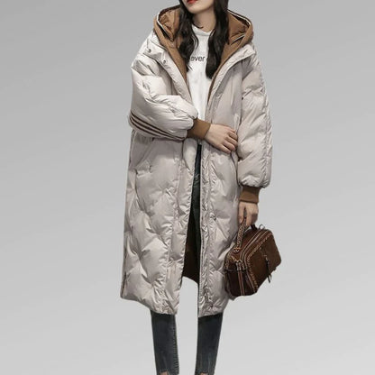 Women's black hooded knee-length winter jacket