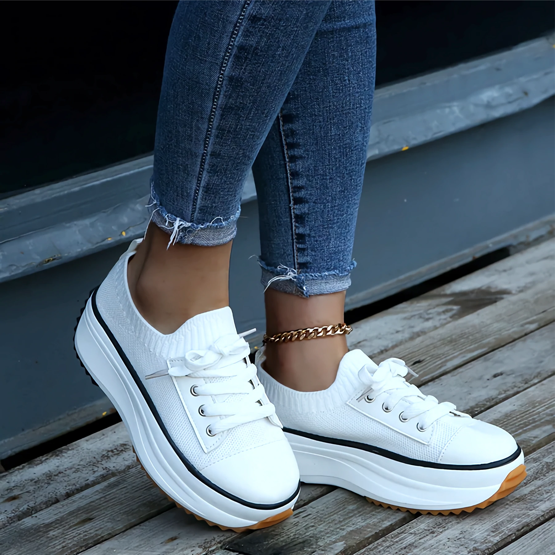 Breathable Knit Platform Lace-Up Sneakersnull