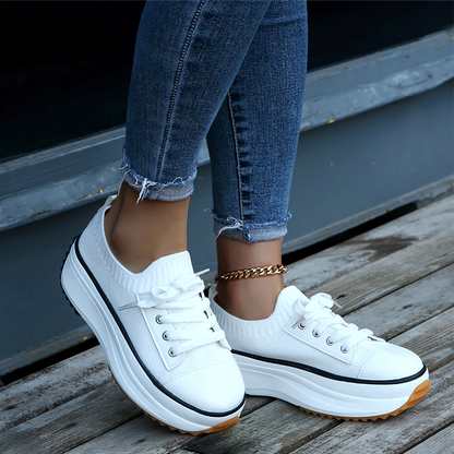 Women’s Sneakers – Soft Knit Upper – Platform Sole – Lace-Up Breathable Fit
