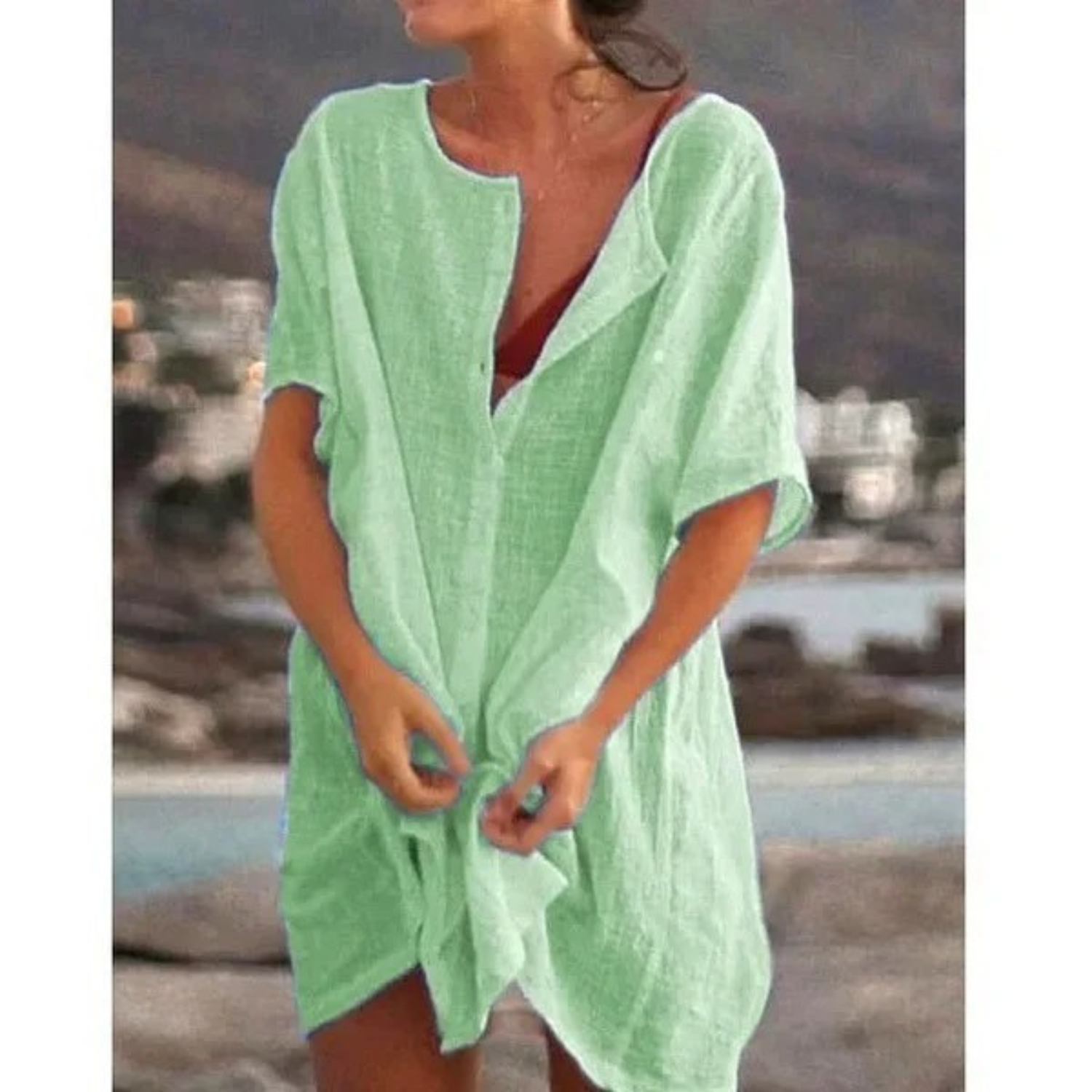 Button Down Short Sleeve Tunic Dress