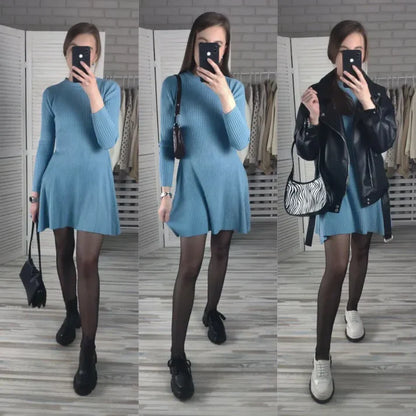 Women's Knitted Ribbed Mini Dress - Long Sleeve - Fitted A-Line Silhouette