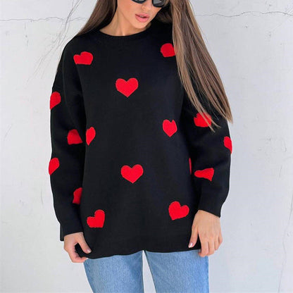 Women’s Knit Sweatshirt – Oversized Fit – Heart Pattern – Long Sleeve Casual Pullover