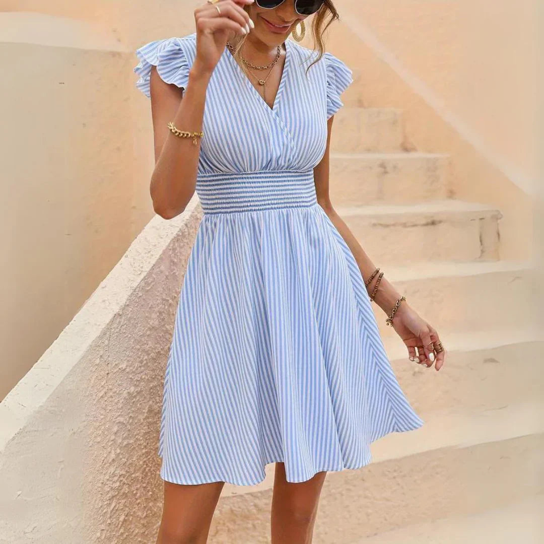 Women's Striped Dress - V-Neck Flutter Sleeve - Cinched Waist A-Line Fit