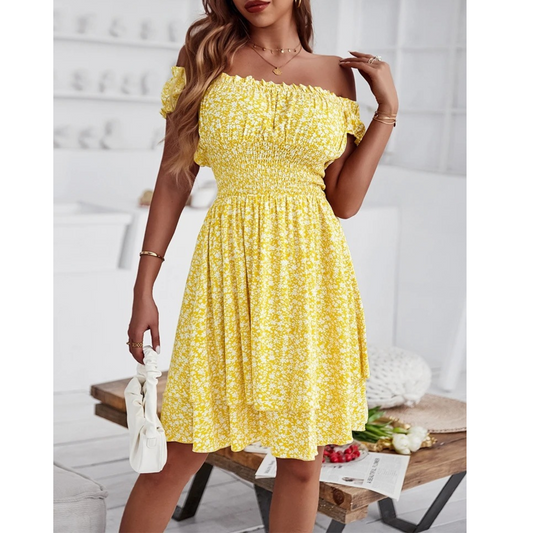 Off-Shoulder Ruffled Smocked A-Line Dress